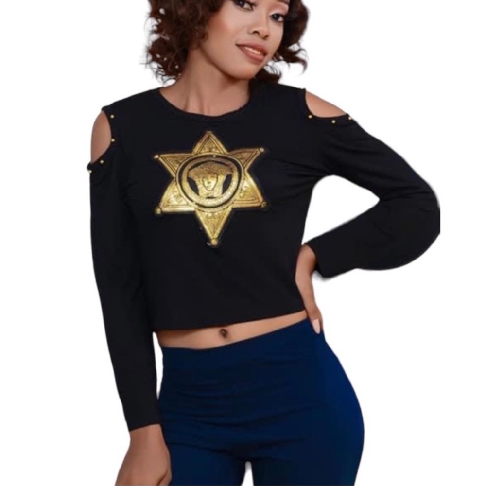 NWT Sexy Couture crop top size S/M open shoulder long sleeve gold star detail‎
